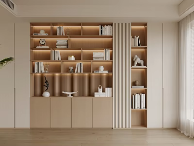 Modern Light Wood Bookcase Interior Design With Open Shelves Books And Decorative Ornaments 3d model