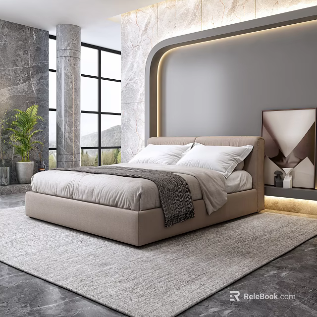 Modern Double Bed In Contemporary Bedroom With Marble Accent Wall Large Windows And Area Rug 3d model 
