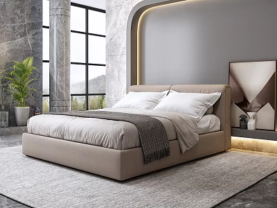 Modern Double Bed In Contemporary Bedroom With Marble Accent Wall Large Windows And Area Rug 3d model