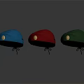 Blue Red Green Beret Hats With Golden Badge On Dark Reflective Background