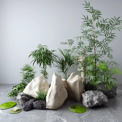 New Chinese style landscape sketch lotus bamboo stone lamp 3d model