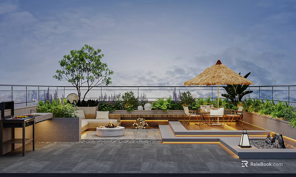 Roof Garden Terrace Design With Tree Plants Sofa Fire Pit And Thatched Umbrella 3d model 