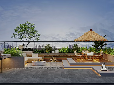 Roof Garden Terrace Design With Tree Plants Sofa Fire Pit And Thatched Umbrella 3d model