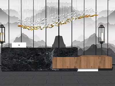 Elegant Reception Desk With Black Marble Countertop Wooden Cabinet And Mountain Landscape Chandelier 3d model
