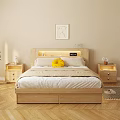 Modern Bedroom Interior Wooden Double Bed With LED Strip Headboard Yellow Pillow And Beige Rug
