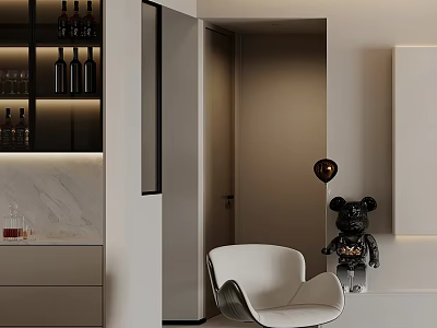 Modern White Accent Chair In Stylish Interior With Black Figurine And Floor Lamp 3d model