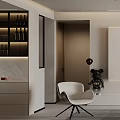 Modern White Accent Chair In Stylish Interior With Black Figurine And Floor Lamp