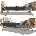Modern Rattan Single Bed With Soft Pillows And Warm Blanket 3d model