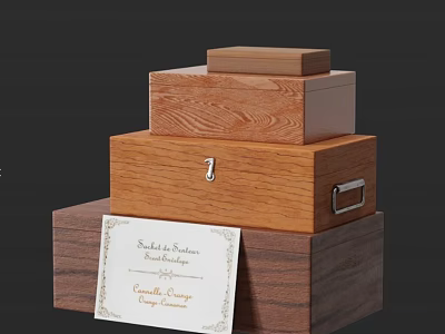 Stacked Wooden Storage Boxes In Different Sizes With Metal Clasp And Certificate Card 3d model