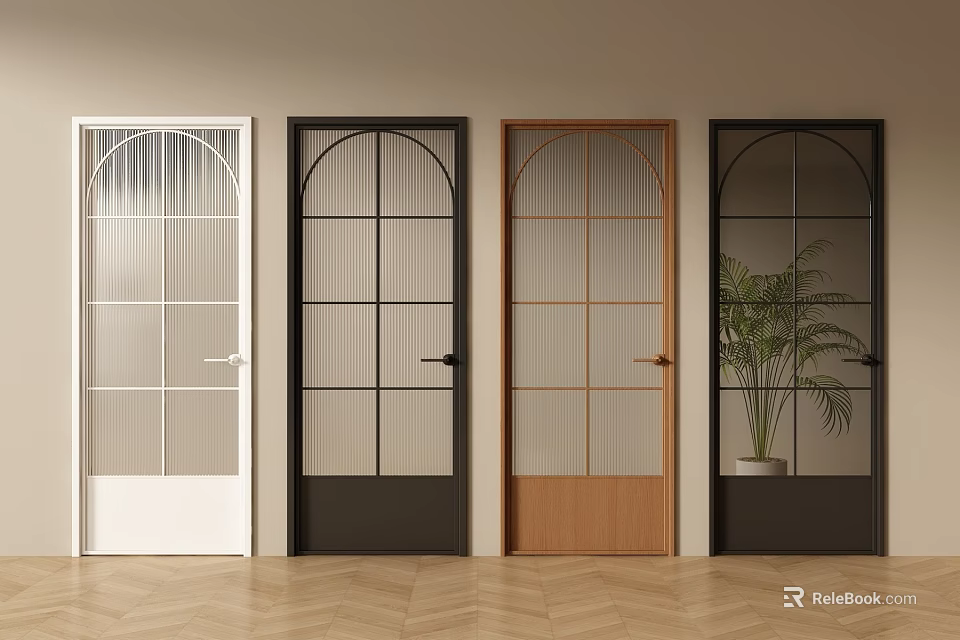 Different Design Hinged Doors With Glass Panels Arched Tops And Various Colors 3d model 