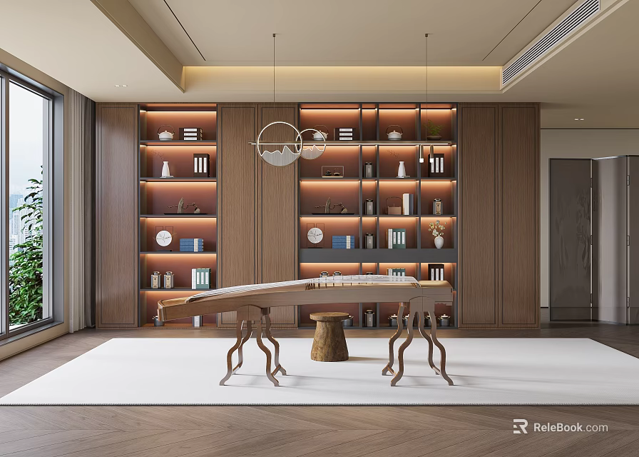 Elegant Modern Study Room Interior With Bookshelves Writing Desk Floor Lamp Green Plants And Rug 3d model 