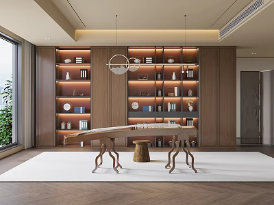 Elegant Modern Study Room Interior With Bookshelves Writing Desk Floor Lamp Green Plants And Rug 3d model