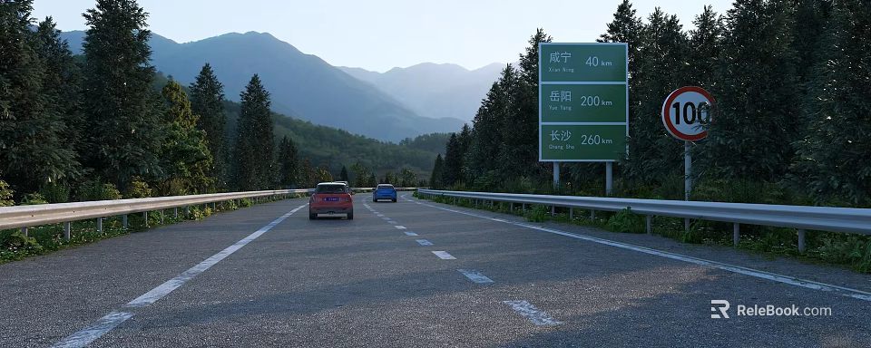 Highway Road Facilities With Directional Signs Distance Markers Guardrails And Mountain Trees Background 3d model 