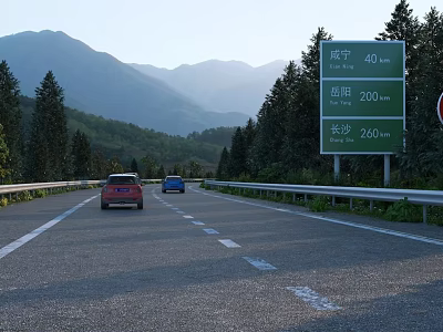 Highway Road Facilities With Directional Signs Distance Markers Guardrails And Mountain Trees Background 3d model