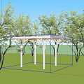 Modern Pergola Design With White Columns Wooden Roof And Glass Railings On Green Lawn