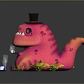 Pink Creature With Top Hat Sharp Teeth And Small Teapot Near Plants 3d model