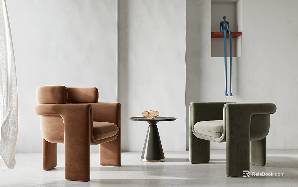 Modern Casual Sofa Set with Brown Green Velvet Upholstered Chairs and Round Side Table 3d model 