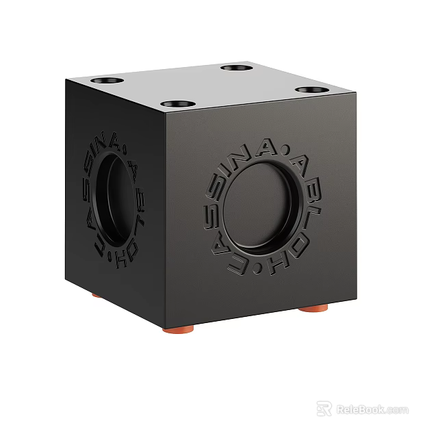 Black Cube Shaped Coffee Table With Surface Holes And Red Support Feet 3d model 