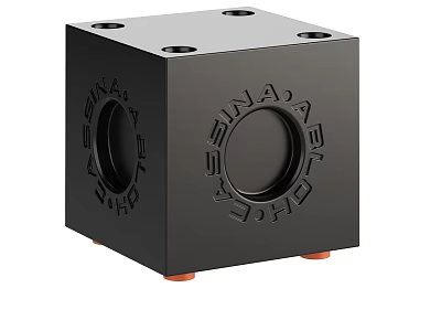Black Cube Shaped Coffee Table With Surface Holes And Red Support Feet 3d model