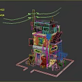 Colorful Multi Story Small Building With Utility Pole Power Lines Green Vines And Staircase