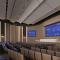 Large Modern Conference Room Featuring Blue Seats Curved Seating Podium Big Screens And Wooden Walls