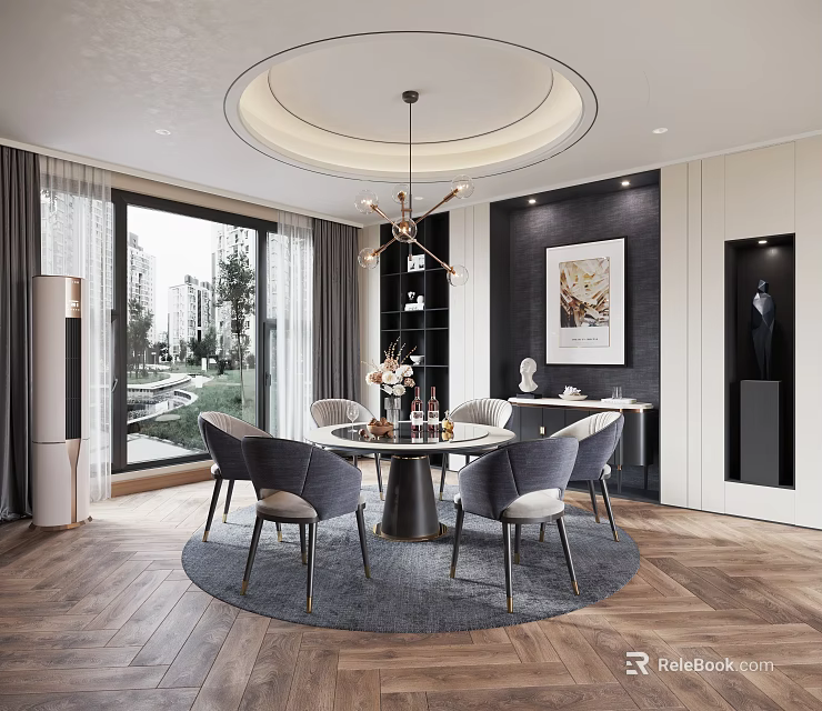 Modern Restaurant Featuring Round Dining Table Grey Chairs Chandelier Large Window View And Decorative Painting 3d model 