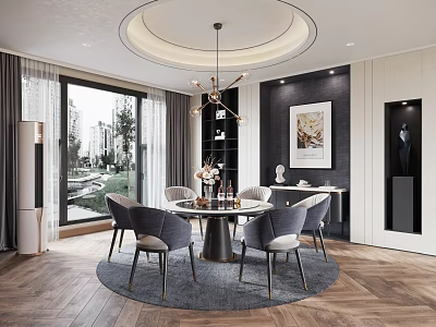 Modern Restaurant Featuring Round Dining Table Grey Chairs Chandelier Large Window View And Decorative Painting 3d model