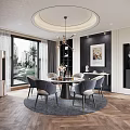 Modern Restaurant Featuring Round Dining Table Grey Chairs Chandelier Large Window View And Decorative Painting