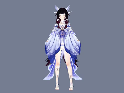Woman With Long Black Hair And Winged Headdress In Blue White Flowing Robe 3d model