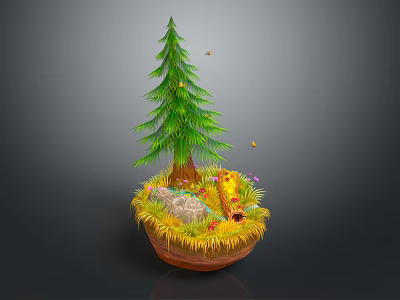 Cartoon Scene With Green Pine Tree Yellow Grass Stones Small Flowers And Floating Particles 3d model