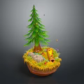 Cartoon Scene With Green Pine Tree Yellow Grass Stones Small Flowers And Floating Particles