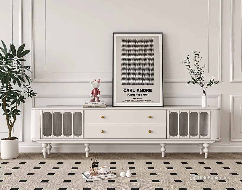 Elegant White TV Stand With Glass Doors Drawers And Framed Artwork Near Potted Plant 3d model 