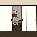Modern White Sliding Doors With Black Frames Open to Dining Room And Decorative Wall Art