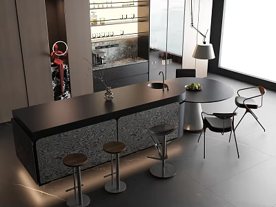 Modern Kitchen Interior Design With Black Stone Island Counter And Stools 3d model