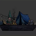 Cartoon Camping Scene With Blue Tent Christmas Tree Guitar Campfire Boxes And Rolled Blankets
