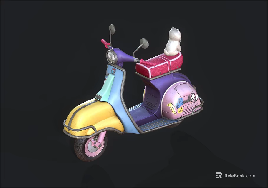 Colorful Blue Yellow Purple Scooter With Red Seat White Cat And Decorative Patterns 3d model 
