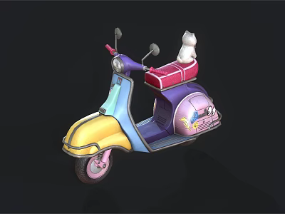 Colorful Blue Yellow Purple Scooter With Red Seat White Cat And Decorative Patterns 3d model