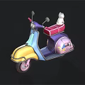 Colorful Blue Yellow Purple Scooter With Red Seat White Cat And Decorative Patterns
