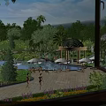 Garden Landscape View From Window With Swimming Pool Gazebo And Colorful Flowers