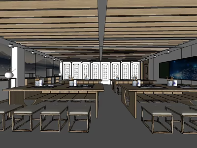 Traditional School Classroom Interior With Long Tables Wooden Benches And Wall Panels 3d model