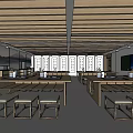 Traditional School Classroom Interior With Long Tables Wooden Benches And Wall Panels