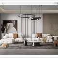 Modern Living Room Interior With White Sofa Brown Cushions Round Pendant Lights And Abstract Painting