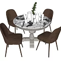 Round Dining Table Set With White Marble Top Four Brown Chairs Tableware Glassware Green Plant