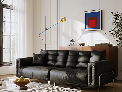 Modern Black Leather Sofa and Coffee Table Set with Floor Lamp and Wall Art 3d model