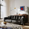 Modern Black Leather Sofa and Coffee Table Set with Floor Lamp and Wall Art