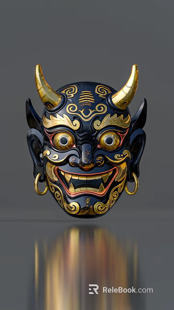 Intricate Black And Gold Traditional Mask Featuring Horns Large Eyes Fangs And Earrings 3d model 
