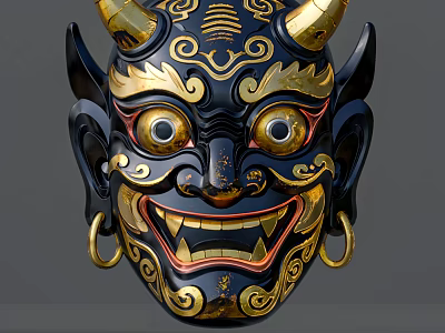 Intricate Black And Gold Traditional Mask Featuring Horns Large Eyes Fangs And Earrings 3d model