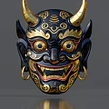 Intricate Black And Gold Traditional Mask Featuring Horns Large Eyes Fangs And Earrings