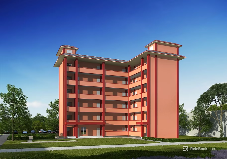 Modern Multistory School Teaching Building With Red Exterior Walls And Green Trees Around 3d model 