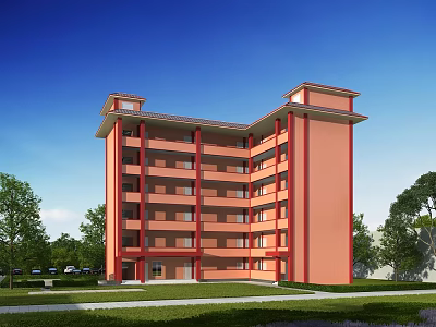 Modern Multistory School Teaching Building With Red Exterior Walls And Green Trees Around 3d model